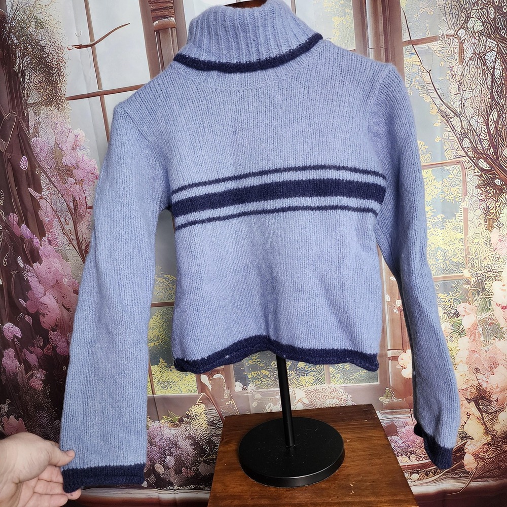 Girls Casual Wear Vintage 90s Wool Blend Blue Cropped Turtleneck Sweater Womens